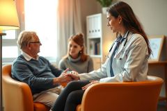 Doctor comforts a patient and their family in a warm, inviting healthcare setting. Focus on compassion, medical care, and patient well-being. Orange chair, white coat, supportive environment.