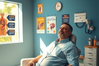 The image shows a man seated in a dental chair. He is wearing a blue shirt and appears to be either waiting for treatment or relaxing during a break. The environment suggests a clinical setting, as indicated by the medical posters on the wall that seem to provide information about oral hygiene. The room has a clean, bright atmosphere with natural light coming in from a window, contributing to a sense of calmness and professionalism.