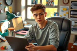 A young man is seated at a desk in an office environment, focused on his laptop. He has short brown hair and is wearing a casual grey sweatshirt. The office setting includes a large window with natural light coming through, a framed picture hanging on the wall, and various items on the desk such as papers and stationery.