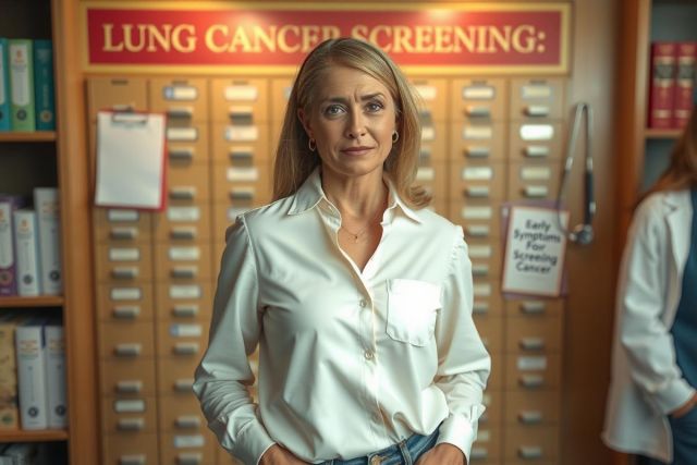 The image features a woman standing in what appears to be a medical library or storage area. She is wearing casual attire with a focus on a long-sleeved blouse and jeans, which suggests a professional yet relaxed atmosphere. 