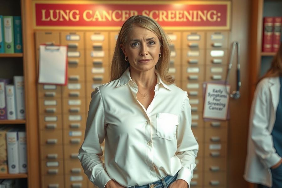 The image features a woman standing in what appears to be a medical library or storage area. She is wearing casual attire with a focus on a long-sleeved blouse and jeans, which suggests a professional yet relaxed atmosphere. 