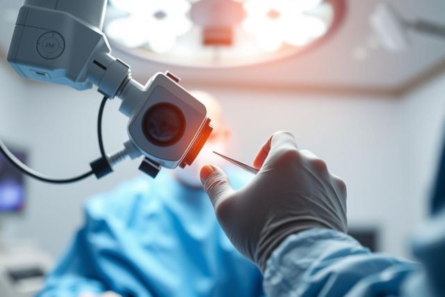 Close-up of a surgical procedure in a modern operating room. A gloved hand holds a surgical instrument near a patient's eye, illuminated by bright overhead lighting and a microscope. Blue and white tones dominate the scene, showcasing medical technology and precision surgery.