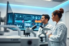 Scientists in a modern laboratory examining data on a screen and using a microscope. The image features blue and white tones, showcasing medical research, analysis, and scientific innovation. A focus on healthcare technology and lab environment.