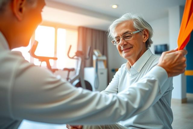 Elderly man receiving care in a healthcare setting.  A caregiver assists the patient, promoting wellness and support. Bright, clean environment with medical equipment visible. Focus on health, care, and aging.