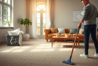 The image depicts a man vacuuming the floor in a modern, well-lit room with a large window that lets in natural light. The subject is wearing casual clothes and appears to be cleaning thoroughly, perhaps on a day off or during a routine house cleaning session. Furniture includes a couch, chairs, and decorative items like potted plants, contributing to a cozy and inviting atmosphere.