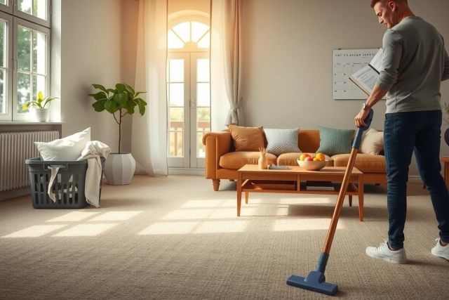The image depicts a man vacuuming the floor in a modern, well-lit room with a large window that lets in natural light. The subject is wearing casual clothes and appears to be cleaning thoroughly, perhaps on a day off or during a routine house cleaning session. Furniture includes a couch, chairs, and decorative items like potted plants, contributing to a cozy and inviting atmosphere.