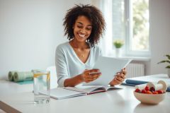 Smiling Black woman studying at home. Bright, airy interior with a white table, notebook, and fresh berries. Focus on learning, wellness, and a healthy lifestyle. Natural light and a positive, productive atmosphere.
