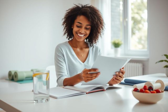 Smiling Black woman studying at home. Bright, airy interior with a white table, notebook, and fresh berries. Focus on learning, wellness, and a healthy lifestyle. Natural light and a positive, productive atmosphere.