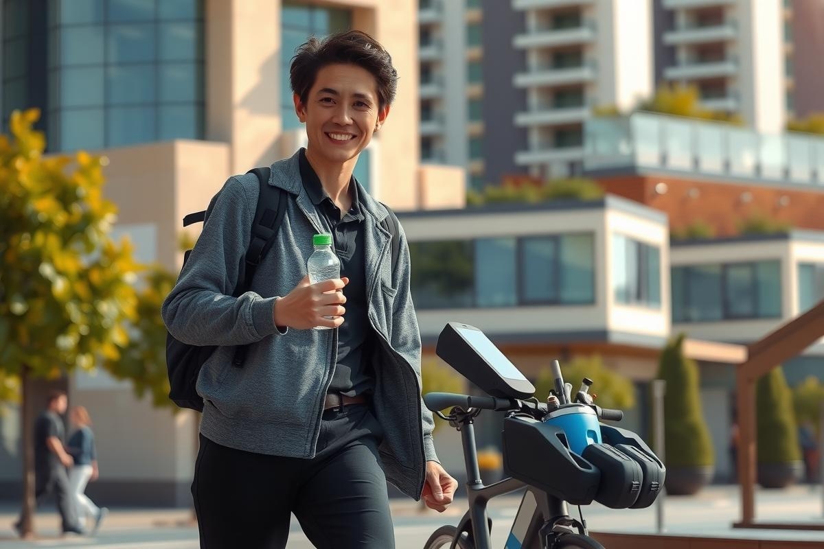 The image shows a person walking with a bicycle. The individual appears to be smiling and is carrying a backpack, suggesting they might be on their way to or from work or school.