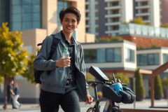 The image shows a person walking with a bicycle. The individual appears to be smiling and is carrying a backpack, suggesting they might be on their way to or from work or school.