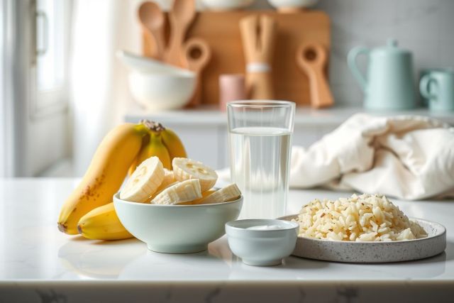Close-up of sliced bananas in a bowl, a glass of water, and a plate of what appears to be shaved coconut on a marble surface. Warm lighting and a minimalist aesthetic.