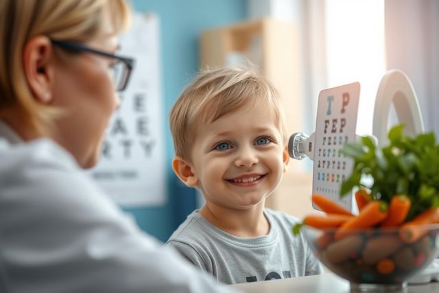 Young boy having his vision tested by an optometrist in a bright, modern clinic. Eye chart and healthy snacks like carrots are visible. Focus on pediatric eye care and healthy lifestyle.