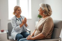 Doctor consults with a senior patient in a bright, modern healthcare setting. The image depicts a caring medical consultation, featuring a smiling doctor in a white coat and a gray-haired woman. 