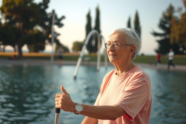 The image features an elderly woman engaging in a physical activity at an outdoor swimming pool. She is wearing a pink shirt and glasses, with her right arm extended as if she is using a water aerobics tool or possibly holding onto the side of the pool.