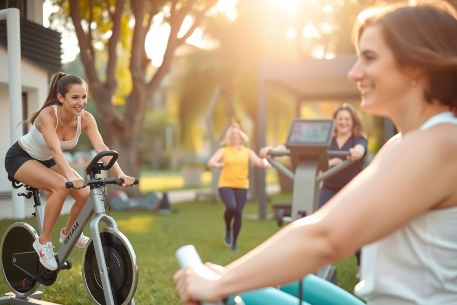 Woman cycling outdoors on a stationary bike. Two other women are exercising nearby. Sunny day, green grass, and a vibrant outdoor fitness environment. Active lifestyle, workout, and healthy living theme.