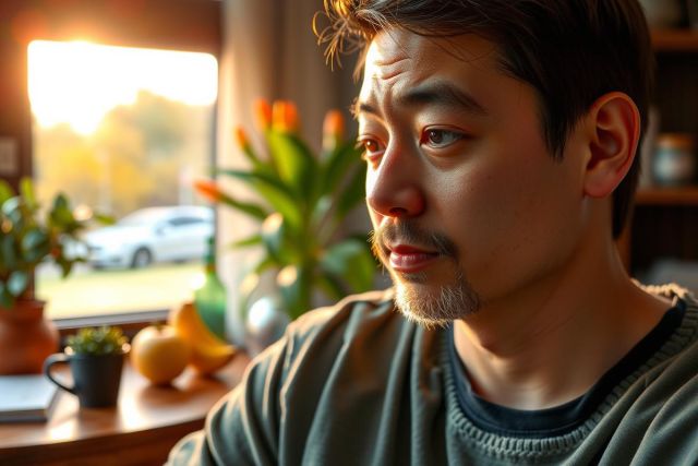 Man with beard and mustache in a cozy home office setting during sunset, looking out a window onto a street with parked cars.