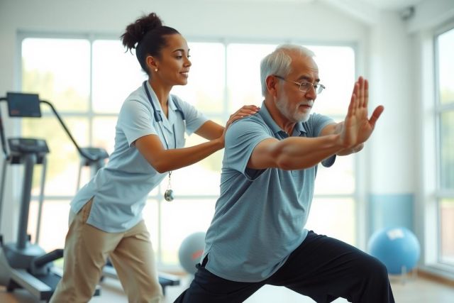 Physical therapist assisting senior man with stretching exercise in gym. Healthcare professional supporting patient's mobility and rehabilitation. Blue gym equipment visible in the background.