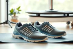 Close-up of dark teal athletic shoes on a blue yoga mat.  The sneakers are on a wooden floor next to a plant and a minimalist table.  Focus on fitness and wellness lifestyle.