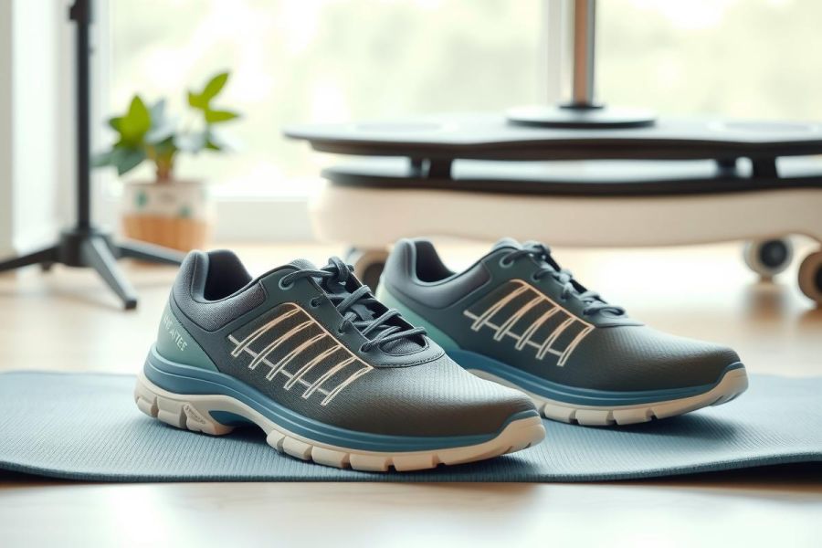 Close-up of dark teal athletic shoes on a blue yoga mat.  The sneakers are on a wooden floor next to a plant and a minimalist table.  Focus on fitness and wellness lifestyle.