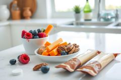 Healthy snack featuring blueberries, raspberries, carrots, and pecans in a white bowl on a marble surface. A bright, natural light illuminates the food, conveying freshness and wellness.