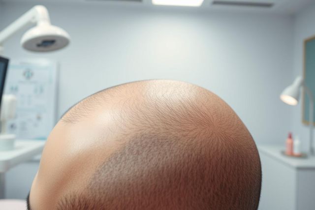 Close-up of a person's head showing hair loss and thinning hair, likely in a medical or dermatology setting. The room is brightly lit with medical equipment visible in the background, featuring a cool blue and white color palette. Focus on hair restoration and scalp health.