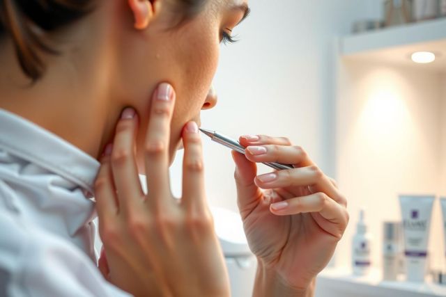 Close-up of a woman threading her eyebrows, a beauty treatment. Focus on skincare products in the background. Bright, clean aesthetic, emphasizing grooming and wellness.