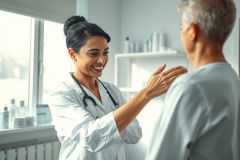 A smiling female doctor in a white coat and stethoscope examines a patient in a bright, modern medical office. The scene features neutral colors and a window view, suggesting a healthcare consultation or check-up. Focus on patient care and medical professional interaction.
