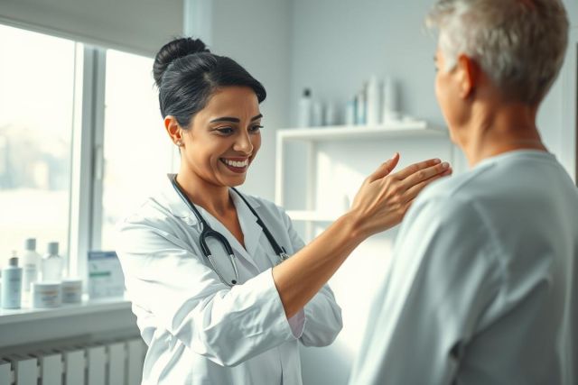 A smiling female doctor in a white coat and stethoscope examines a patient in a bright, modern medical office. The scene features neutral colors and a window view, suggesting a healthcare consultation or check-up. Focus on patient care and medical professional interaction.
