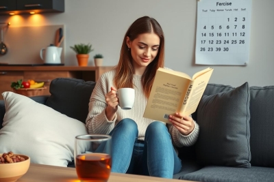 The image depicts a woman sitting comfortably on a couch in a cozy living room setting. She is reading a book and holding a cup of coffee, which suggests she might be enjoying a quiet afternoon at home.
