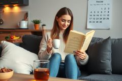 The image depicts a woman sitting comfortably on a couch in a cozy living room setting. She is reading a book and holding a cup of coffee, which suggests she might be enjoying a quiet afternoon at home.