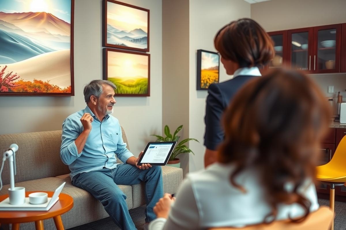 In this image, a professional meeting is taking place in an office environment. Three people are present: two women and one man. The man is seated on the left side of a light-colored couch, holding a tablet. He appears engaged in conversation with one woman who stands at his side.
