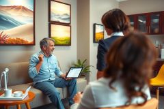 In this image, a professional meeting is taking place in an office environment. Three people are present: two women and one man. The man is seated on the left side of a light-colored couch, holding a tablet. He appears engaged in conversation with one woman who stands at his side.