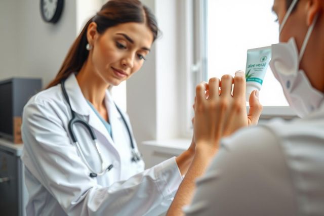 A doctor in a white coat examines a patient, holding a tube of cream. Medical consultation in a clinic setting. Focus on healthcare and patient care.