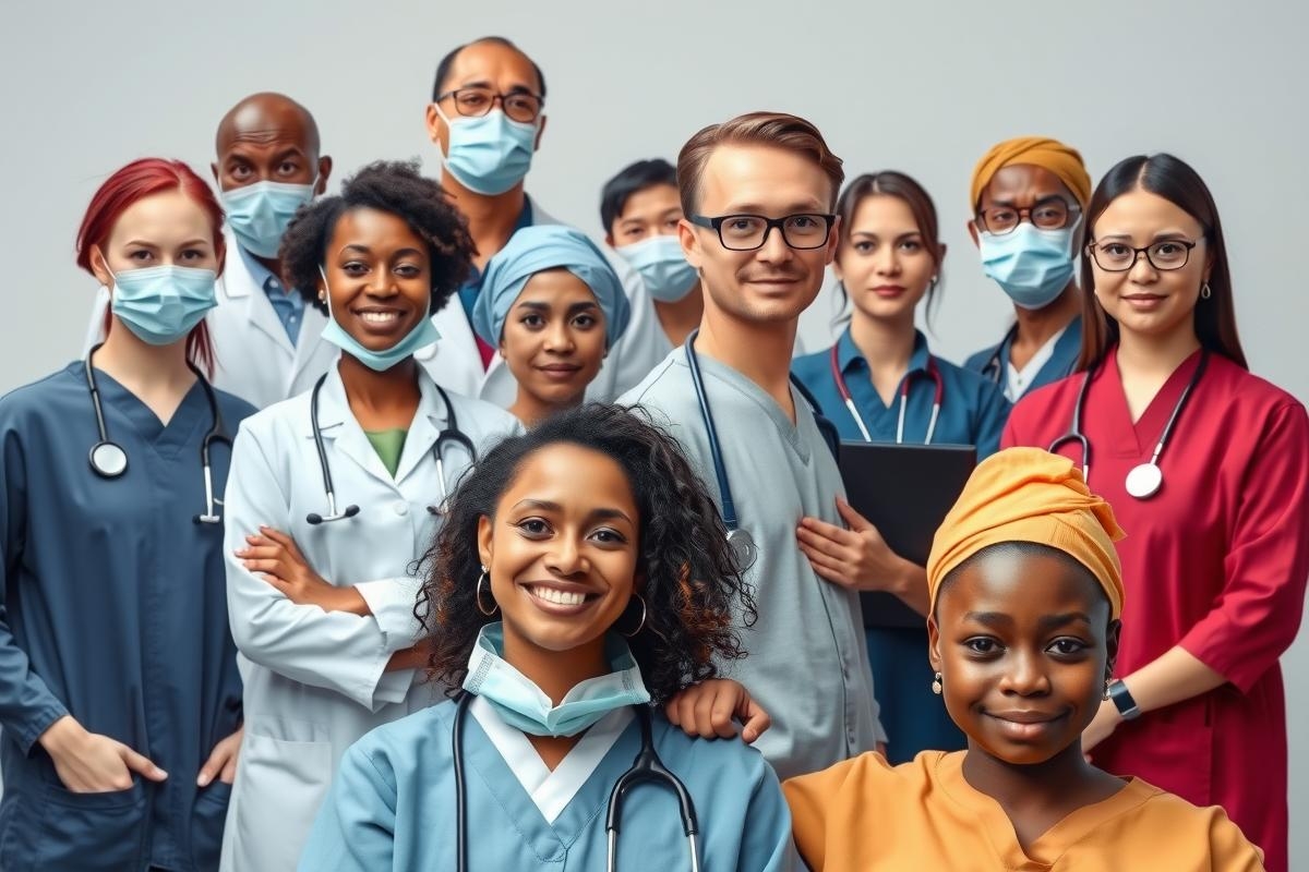 The image depicts a diverse group of healthcare professionals wearing medical attire, standing in front of a light-colored wall with a large mirror reflection. They are smiling and appear to be posing for the photograph.