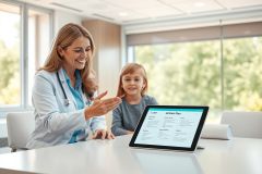 A smiling female doctor in a white coat discusses a treatment plan with a young girl in a bright, modern medical office. A tablet displaying healthcare information sits on a table. Focus on pediatric care, healthcare consultation, and patient communication in a clinical setting.