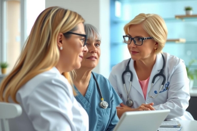 The image depicts a professional medical setting with three women, presumably doctors or nurses, engaged in conversation. They are standing around a conference table that has a laptop on it, suggesting a collaborative discussion or review of patient records. The environment appears modern and well-lit, enhancing the perception of professionalism.