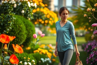 In the image, a woman is walking in what appears to be a vibrant garden or park. She is dressed casually in a green top and jeans, carrying a handbag. The environment is lush with colorful flowers and well-maintained grass areas. The setting seems serene and inviting, possibly a public space or a private garden during springtime, as indicated by the blooming flowers.