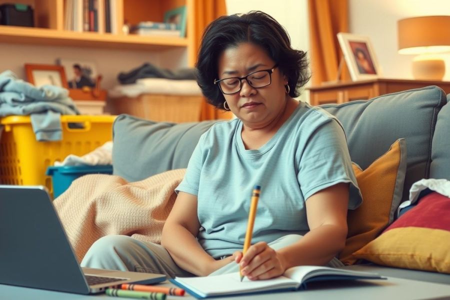A female medical professional in scrubs, sitting on a couch in a living room, working diligently on her laptop and writing on paper. The environment is casual and comfortable with books, toys, and everyday items around. She appears focused and engaged in her work.