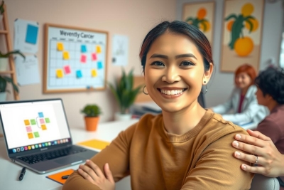 In this image, we see a woman in an office environment. She is sitting at her desk with her laptop open in front of her. The woman is smiling and appears to be engaged in work or a discussion as indicated by the presence of other people in the background who are also focused on their tasks.