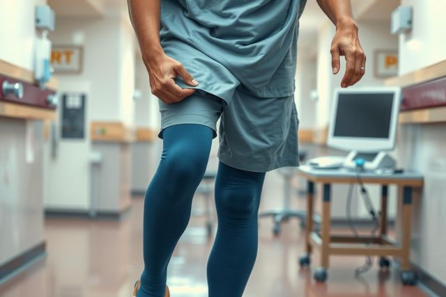 The image portrays a person, likely an athlete or fitness enthusiast, in what appears to be a medical or hospital setting. The individual is wearing athletic clothing and seems to be in motion, possibly mid-stride.