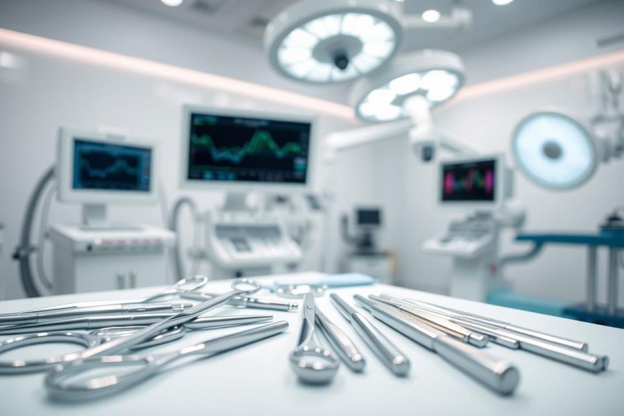 Surgical instruments laid out on a sterile table in a modern operating room. Bright white walls, surgical lights, and monitors displaying medical data create a clinical environment. Focus on stainless steel tools, symbolizing healthcare and medical procedures.