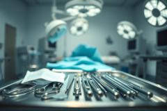 Surgical instruments on a stainless steel tray in a blurred operating room setting. Blue surgical drapes and bright overhead lights create a sterile, medical atmosphere. Focus on surgical tools, healthcare, and hospital environment.