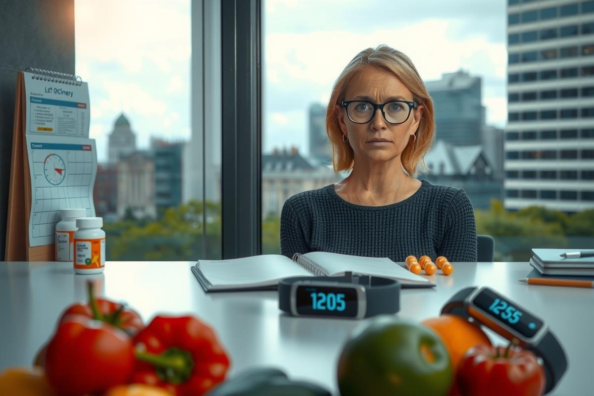 The image features a woman in an office environment, sitting at a desk. In front of her on the desk are several electronic wearable devices, possibly for fitness or health monitoring.