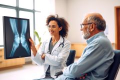 Doctor shows patient an X-ray image in a medical examination room. Healthcare professional discussing diagnostics with a senior man. Clinical setting, diagnostic imaging, patient care.