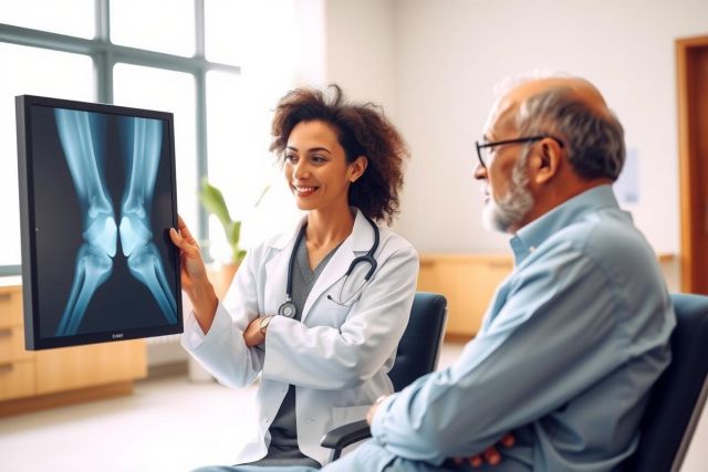 Doctor shows patient an X-ray image in a medical examination room. Healthcare professional discussing diagnostics with a senior man. Clinical setting, diagnostic imaging, patient care.