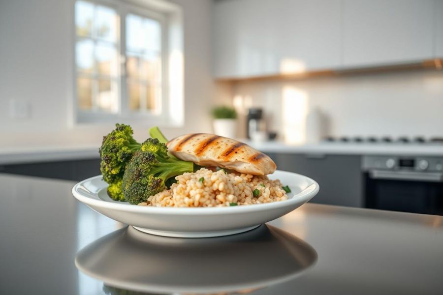 Healthy meal prep featuring grilled chicken, brown rice, and vibrant green broccoli. Presented on a white plate with a reflective gray countertop background in a modern kitchen. Focus on nutritious food and balanced diet concepts.