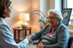 Senior woman shaking hands with a healthcare professional in a brightly lit, modern room. Warm colors and a friendly atmosphere convey care and connection.  Focus on elder care and professional interaction.