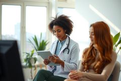 Doctor examines patient with tablet in modern office setting. Healthcare professional, medical consultation, and digital health technology are key elements in this image.