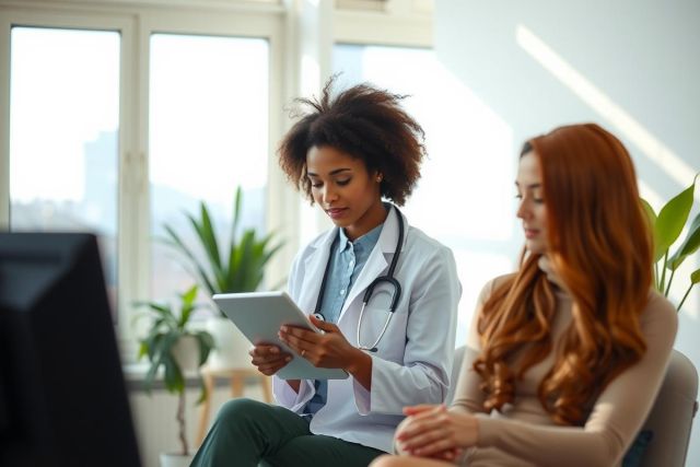Doctor examines patient with tablet in modern office setting. Healthcare professional, medical consultation, and digital health technology are key elements in this image.