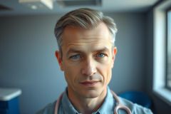 Portrait of a male doctor wearing a blue shirt and stethoscope, standing in front of a window. Professional medical image, healthcare worker, clinical setting.